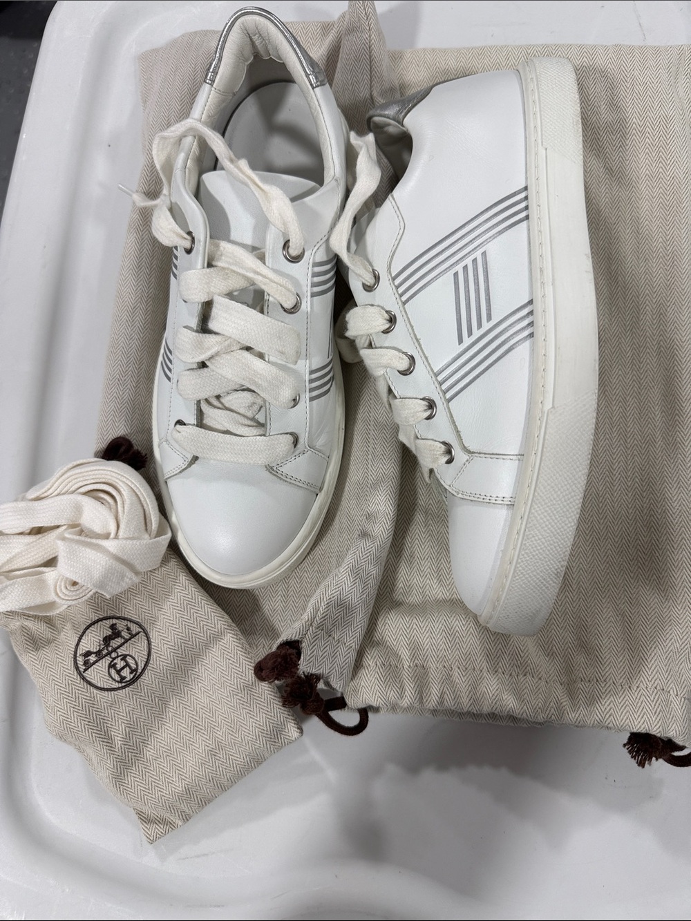 Hermes White Leather Low-Top Sneakers with Silver Stripe Detail